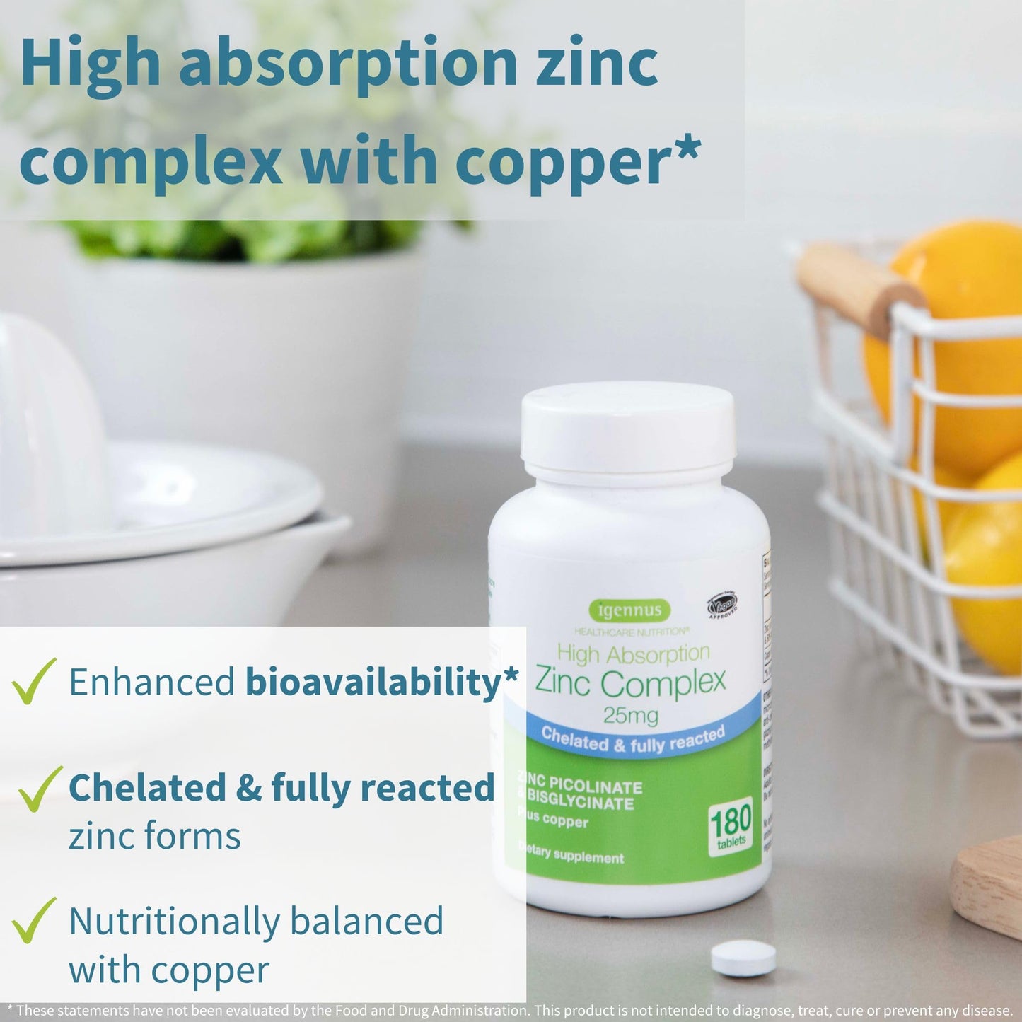 Igennus Zinc 25mg with Copper, Dual-Form Zinc Picolinate & Bisglycinate Complex, Clean Label & High Absorption, 180 Tablets (6 Month Supply), Immune, Skin and Cellular Health Support, Non-GMO, Vegan - Available at All In One Marketplace Canada