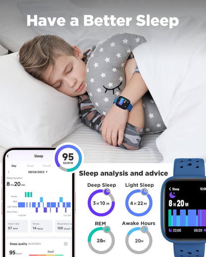 BIGGERFIVE Smart Watch for Kids, 1.8" Fitness Tracker Watch Pedometer, Heart Rate, Sleep Monitor, IP68 Waterproof, Calorie Step Counter, Puzzle Games with/Without APP for Girls Boys Teens 5-16, Blue