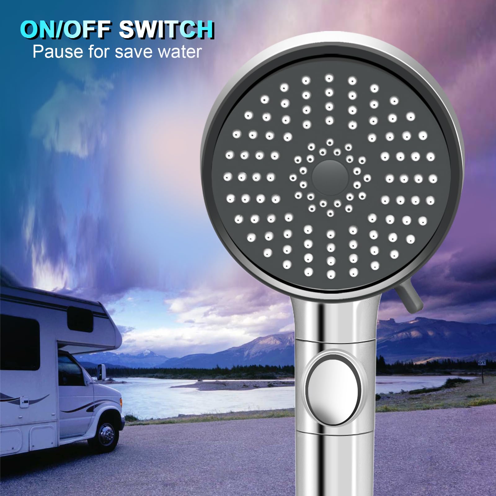 RV Shower Head with Hose, High Pressure 5 Mode Shower Head Replacement, Shower Head for RV/Campers, Travel Trailer, Motorhome for Water Saving, Handheld Shower Head Holder and Hose, On Off Switch