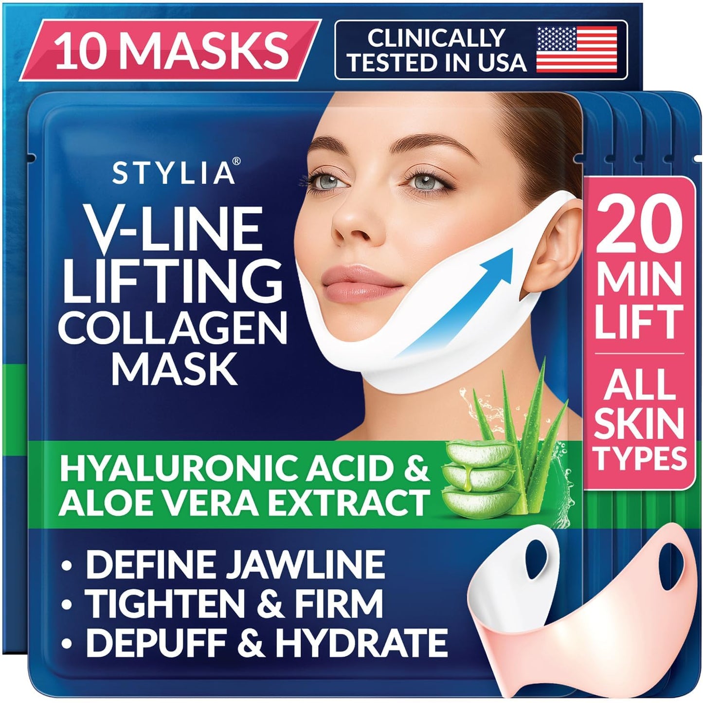 Stylia V Line Lifting Collagen Face Mask - Lift, Firm & Contour Jawline - Double Chin Strap with Hyaluronic Acid & Aloe Vera - Hydrating Neck & Face Tightening Mask - Chin Strap for Sleeping 10PC - Available at All In One Marketplace Canada