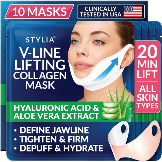 Stylia V Line Lifting Collagen Face Mask - Lift, Firm & Contour Jawline - Double Chin Strap with Hyaluronic Acid & Aloe Vera - Hydrating Neck & Face Tightening Mask - Chin Strap for Sleeping 10PC - Available at All In One Marketplace Canada