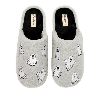 Pantoufles unisexes pour adultes Dearfoams, motif citrouille d'Halloween Jack O Lantern, fantôme gris, taille 44-46 femme / 47-48 homme