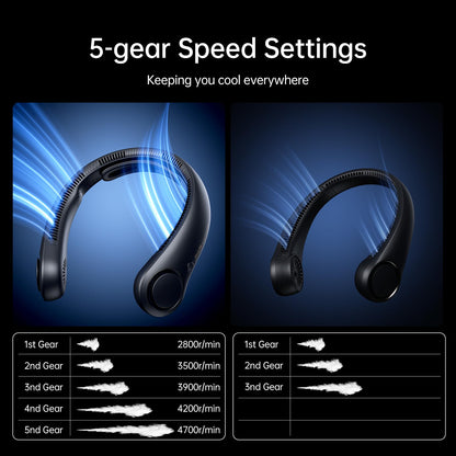 JISULIFE Portable Neck Fan Upgraded, Neckbrace Personal Hands Free, 5 Speed Gears Adjustment, 5000 mAh Wearable Bladeless Quiet Rechargeable for Outdoor Indoor, Gifts for Women Men- Black