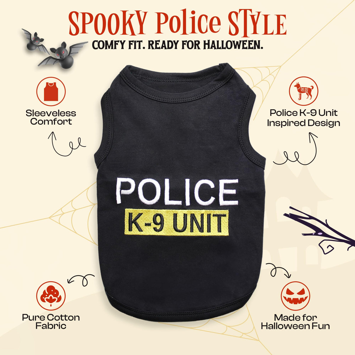 Costume de chien policier K9 pour animal de compagnie – T-shirt d'Halloween K9 pour chien – Costume de policier pour animal – Costumes de chien pour Halloween – Vêtements et accessoires pour chien – Tenue avec manches pour animal – XL