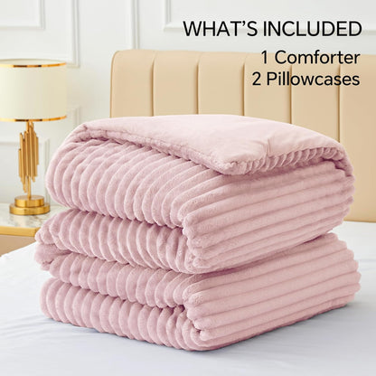 BEDELITE Fleece Queen Comforter Set, Soft Fluffy Bedding Set, Pink 🍁 All In One Marketplace Canada