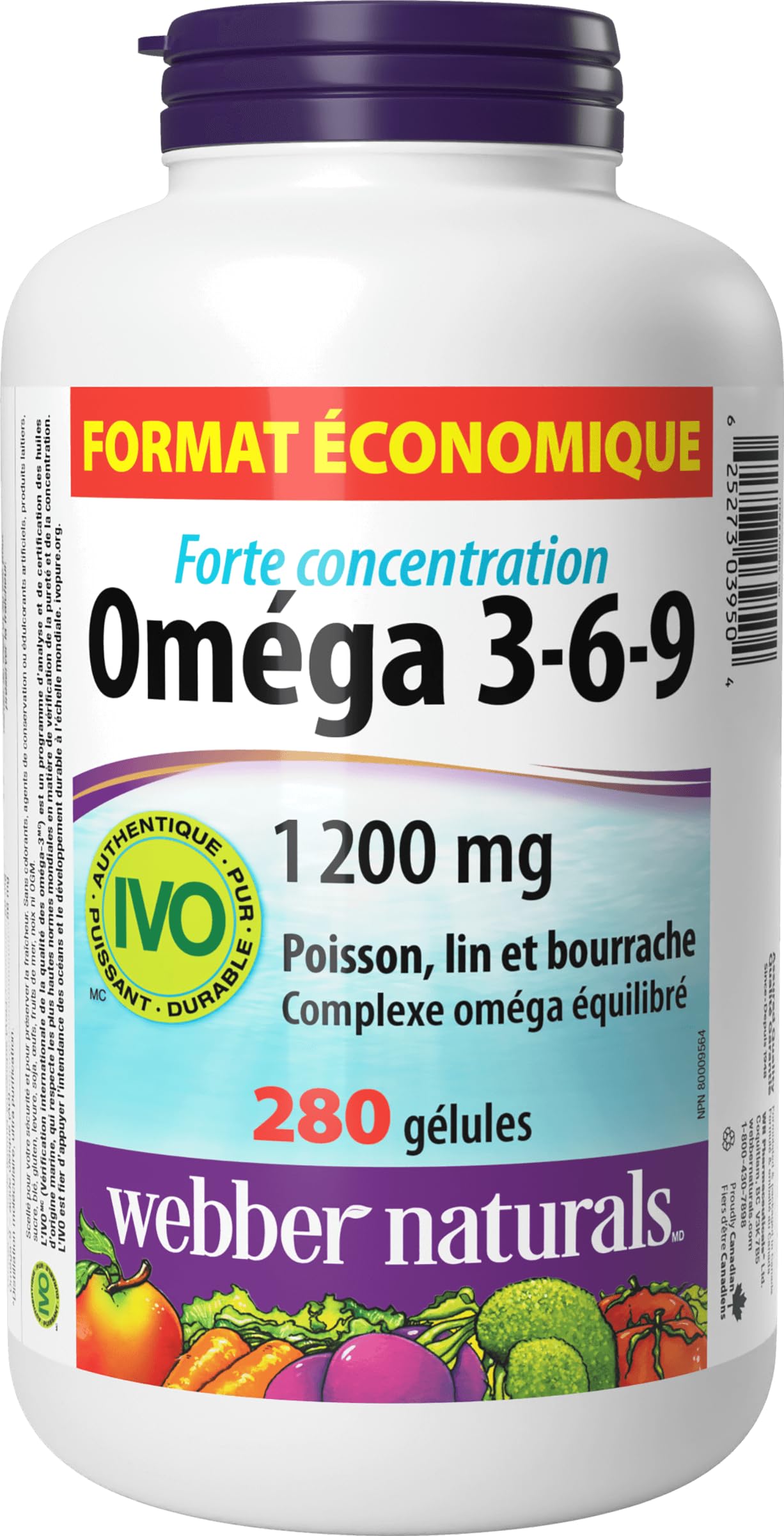 Webber Naturals Omega 3-6-9 1,200 mg Fish Oil, 280 Softgels, Supports Cardiovascular Health and Brain Function - Available at All In One Marketplace Canada