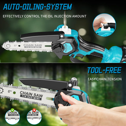 Mini Chainsaw＆6 Inch Pole Saw 2-in-1,with Extension Pole, Automatic Oiler with 2 Battery,Tree Trimmer Limb Branch & Pole Pruner,Holiday Gifts for Men, Fathers & Gardening Enthusiasts 🍁 All In One Marketplace Canada