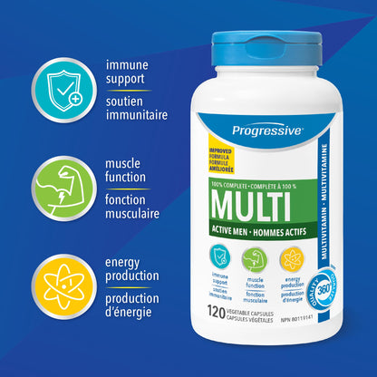 Progressive Advanced Daily Multivitamin for Active Men, with Quercetin, Maca, Ashwagandha, and Siberian Ginseng. Supports Immune Health, Muscle Function, and Energy, 100% Complete, Canadian-Made 120 Count - Available at All In One Marketplace Canada