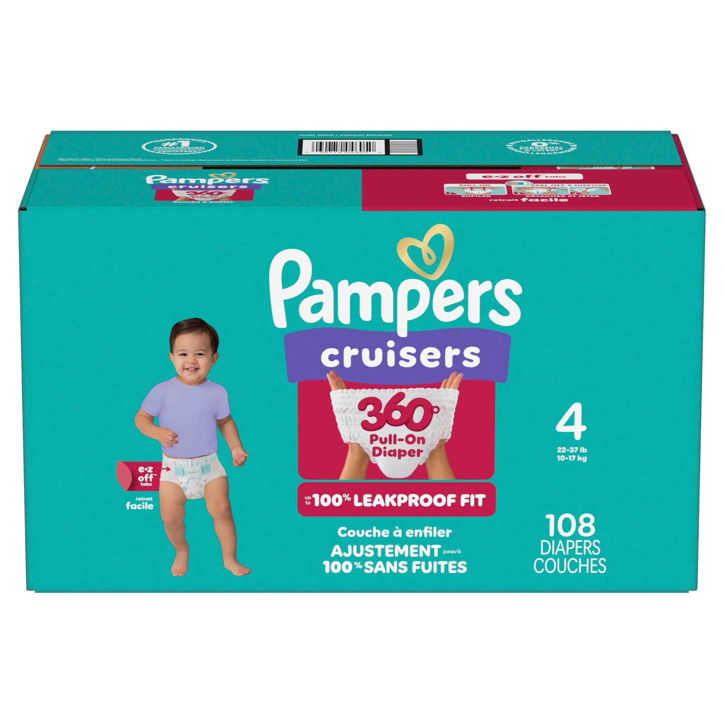 Pampers Diapers - Cruisers 360° - Size 4, up to 100% Leakproof Fit, Designed for Active Babies, Pull On Diaper, EZ Off Tabs Designed for Easy Changes, 1 Pack (Count of 108)