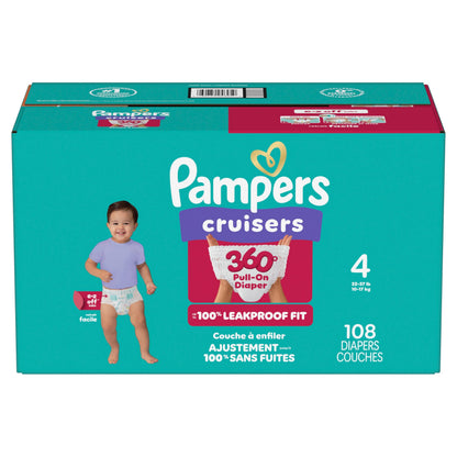 Pampers Diapers - Cruisers 360° - Size 4, up to 100% Leakproof Fit, Designed for Active Babies, Pull On Diaper, EZ Off Tabs Designed for Easy Changes, 1 Pack (Count of 108)