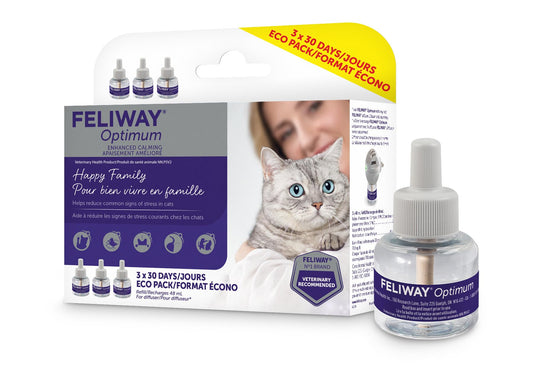 FELIWAY Optimum Diffuser Refill Value Pack, Promotes Calmness AND Harmony in Cats & Kittens, VHP Registered NN.P5V2, includes 3 Refills, Lasts 90 Days, Cat Calming Pheromones, 3 x 48ml