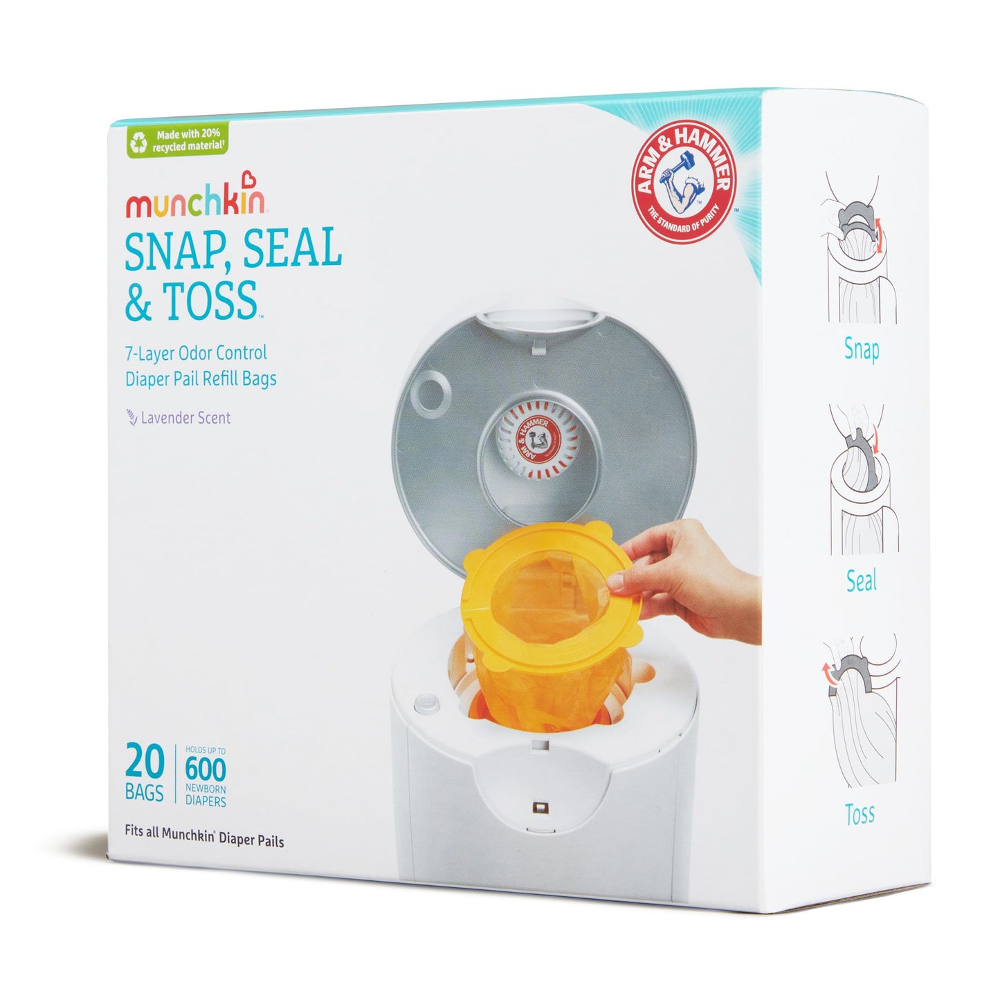 Munchkin Arm & Hammer Diaper Pail Snap, Seal and Toss Refill Bags, 20 Bags, Holds 600 Diapers Munchkin