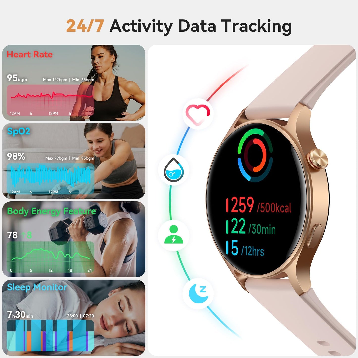 aeac Smart Watch for Women, AMOLED Ultra-Clear Screen Activity Trackers with Heart Rate/Sleep/SpO2 Monitor, Waterproof Fitness Smartwatch for iPhone/Samsung/Android（Pink Gold）