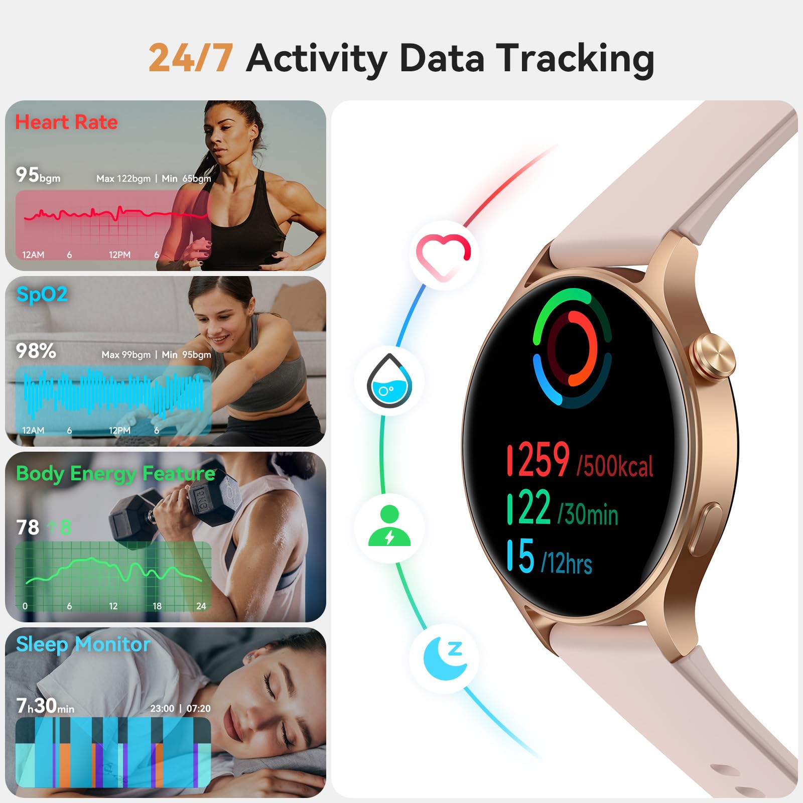 aeac Smart Watch for Women, AMOLED Ultra-Clear Screen Activity Trackers with Heart Rate/Sleep/SpO2 Monitor, Waterproof Fitness Smartwatch for iPhone/Samsung/Android（Pink Gold）