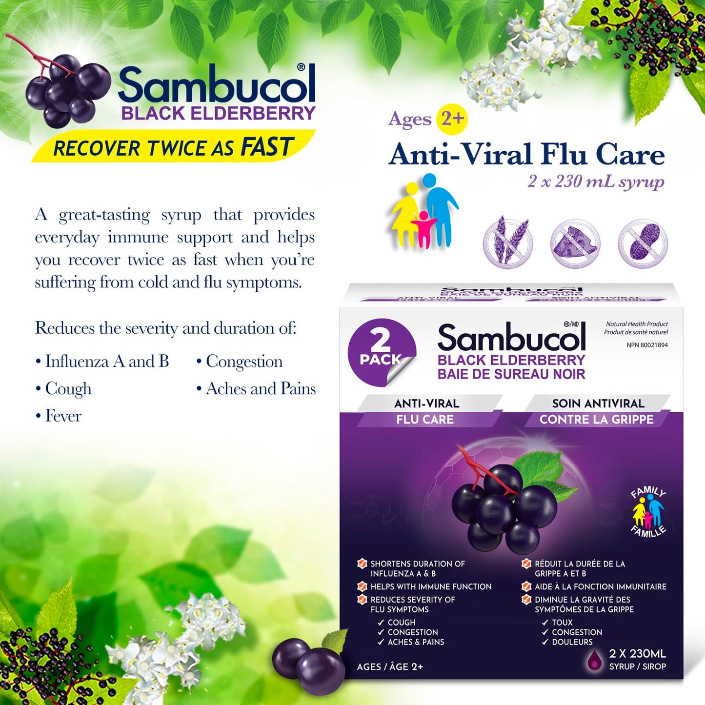 Sambucol Black Elderberry Anti-Viral Flu Care | Quickly Relieves Cold & Flu Symptoms | Immune Support & Antioxidant | Ideal for Families | Syrup, 230 mL | Pack of 2 Sambucol