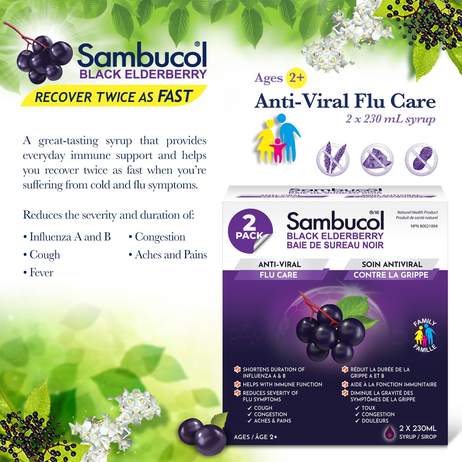 Sambucol Black Elderberry Anti-Viral Flu Care | Quickly Relieves Cold & Flu Symptoms | Immune Support & Antioxidant | Ideal for Families | Syrup, 230 mL | Pack of 2 Sambucol