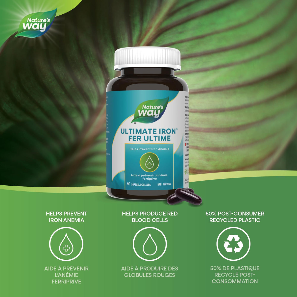 Nature's Way Ultimate Iron - Iron Supplement for Red Blood Cell Production & Anemia Prevention – Contains Folate, Vitamin B12, & Vitamin C - 90 Softgels