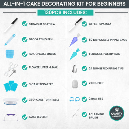 RFAQK 130 PCs Cake Decorating Kit Supplies with Cake Turntable-Cake leveler-24 Numbered Piping Tips with Pattern Chart & EBook- Straight & Offset Spatula-50 Piping Bags-3 Scraper Set-40 Cupcake Liners 🍁 All In One Marketplace Canada