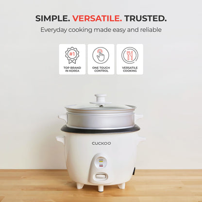 CUCKOO One Touch Rice Cooker 6-Cup (Uncooked) / 12-Cup (Cooked), Small Rice Cooker & Warmer with Steamer Tray, Versatile Grain Cooker, Soup Maker, Auto Keep Warm, White (CR-0601C) CUCKOO