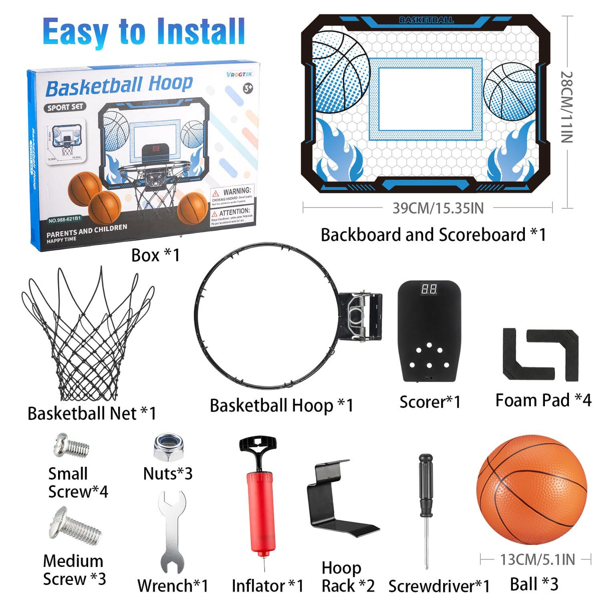 Indoor Basketball Hoop for Kids with Scoreboard Over the Door Basketball Hoop with 3 Balls Basketball Toys Gifts for 5 6 7 8 9 10 11 Years Old Boys Girls Mini Hoop for Bedroom and Birthday/Christmas 🍁 All In One Marketplace Canada