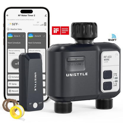 [All-New 2027] 1700FT WiFi Sprinkler Timer 2 Zone, Unistyle Smart Hose Timers Compatible Alexa & Google Voice and App Control, Water Timer for Garden Hose with Auto & Manual Modes for Garden Lawn - Available at All In One Marketplace Canada