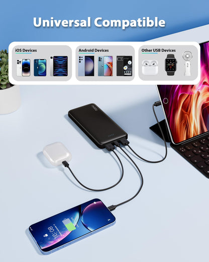 Miady 2-Pack 10000mAh Dual USB Portable Charger, Slim USB-C Power Bank, Travel Battery Pack 3 Outputs 2 Inputs Compatible with iPhone 17/16/15/14 Galaxy S24/22 Google iPad Android etc