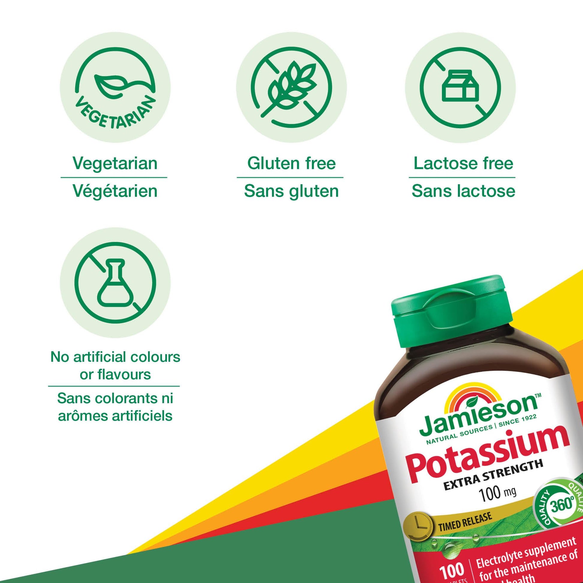 Jamieson Extra Strength Potassium 100 mg Timed Release, 100 Caplets, Supports Muscle & Nerve Function, Electrolyte Support, Helps Prevent Potassium Deficiency. Vegetarian, Proudly Canadian - Available at All In One Marketplace Canada