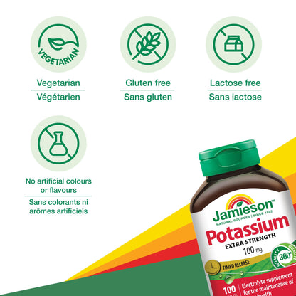 Jamieson Extra Strength Potassium 100 mg Timed Release, 100 Caplets, Supports Muscle & Nerve Function, Electrolyte Support, Helps Prevent Potassium Deficiency. Vegetarian, Proudly Canadian - Available at All In One Marketplace Canada