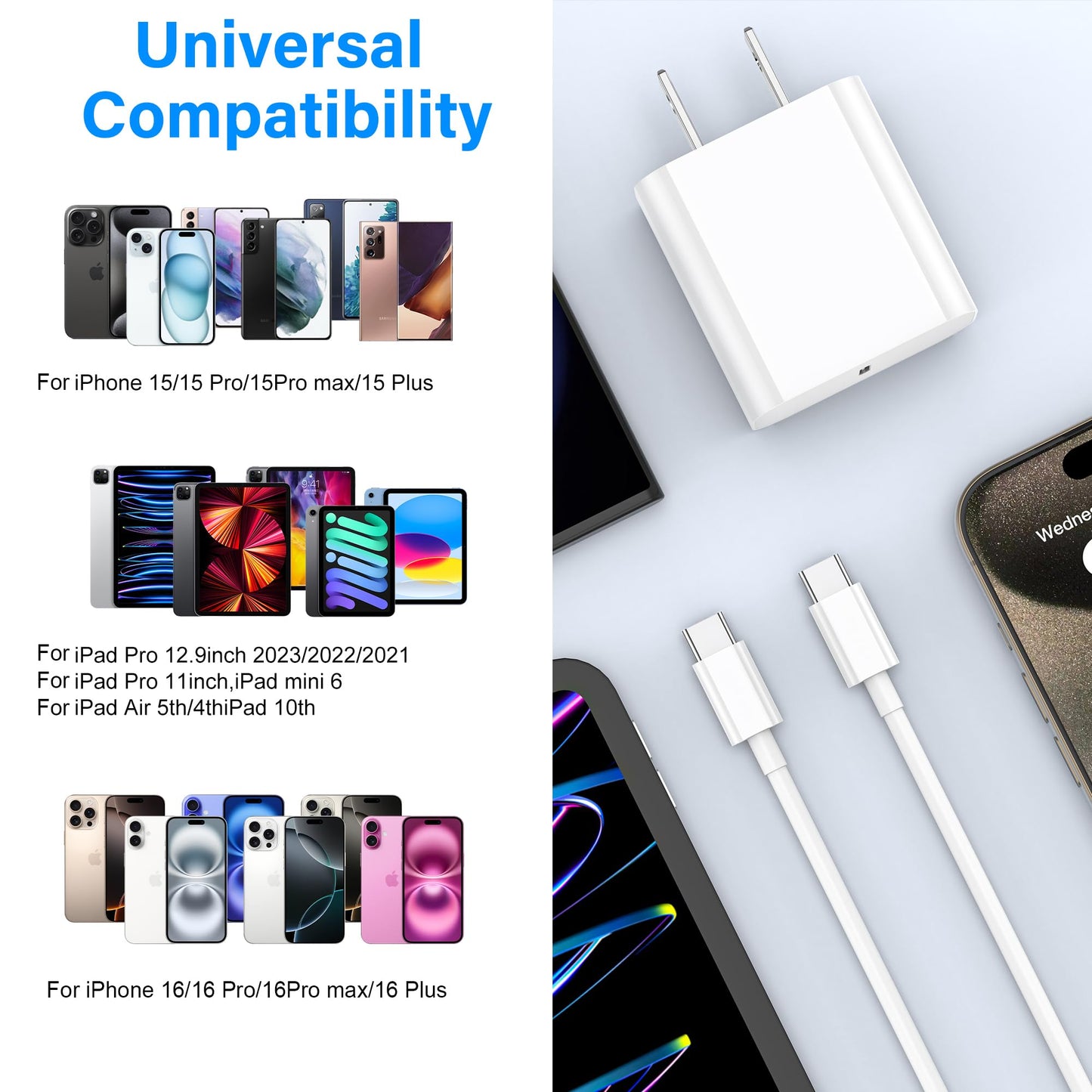 iPhone 17 16 15 Charger,3 Pack 20W USB-C Fast Wall Charger with 6ft USB C to USB C Cable for iPhone 17/16/16 Pro Max/16 Plus/15/15 Pro Max/15 Plus/iPad Air/iPad and More