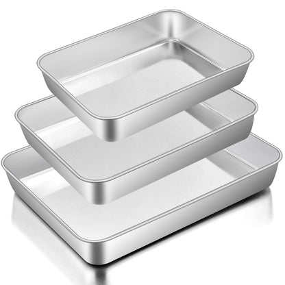 Baking Pans Set of 3, E-far Stainless Steel Sheet Cake Pan for Oven - 12.5/10.5/9.4Inch, Rectangle Bakeware Set for Cake Lasagna Brownie Casserole Cookie, Non-toxic & Healthy, Dishwasher Safe 🍁 All In One Marketplace Canada