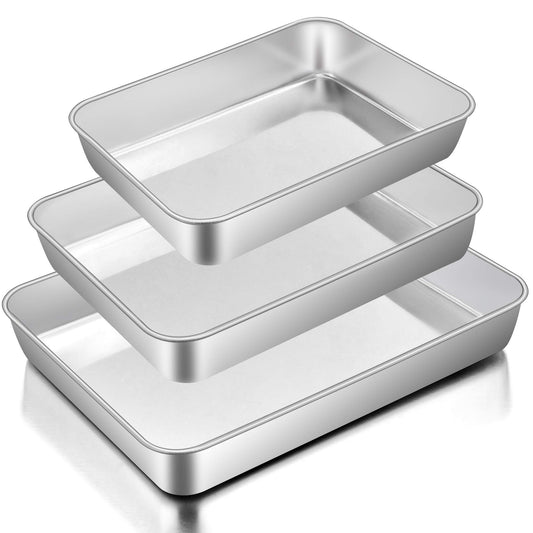 Baking Pans Set of 3, E-far Stainless Steel Sheet Cake Pan for Oven - 12.5/10.5/9.4Inch, Rectangle Bakeware Set for Cake Lasagna Brownie Casserole Cookie, Non-toxic & Healthy, Dishwasher Safe 🍁 All In One Marketplace Canada