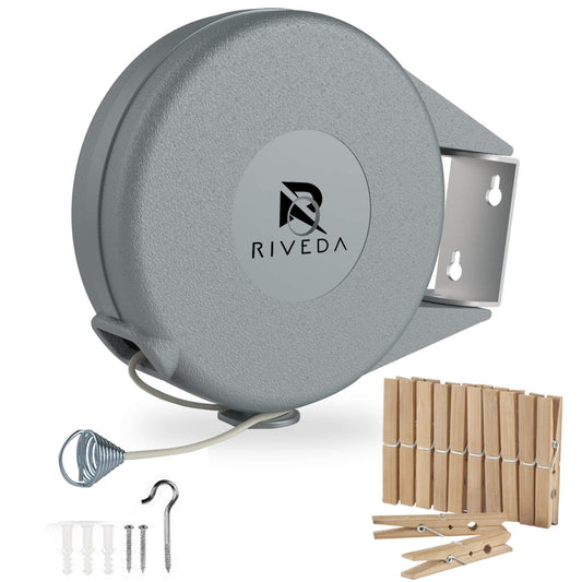 Retractable Clothesline - Portable Heavy Duty Indoor and Outdoor Washing Line - 45 Feet PVC Retracting Clothes Line with Wall Mount Hang The Wet Dry Clothing Laundry - Easy Installation (Grey) - Available at All In One Marketplace Canada