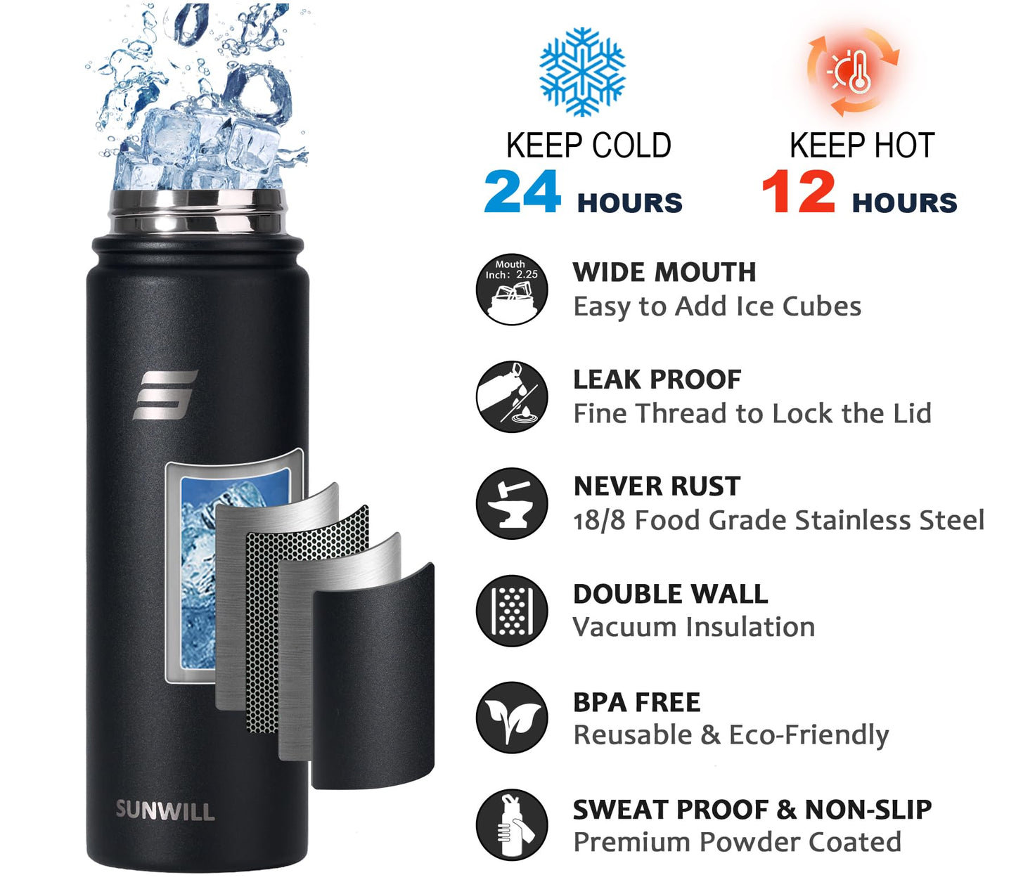 SUNWILL Metal Water Bottle with Straw 22 oz, Stainless Steel Insulated Flask for Cold and Hot Drink, Travel, Sports, Gym, Powder Coated Black