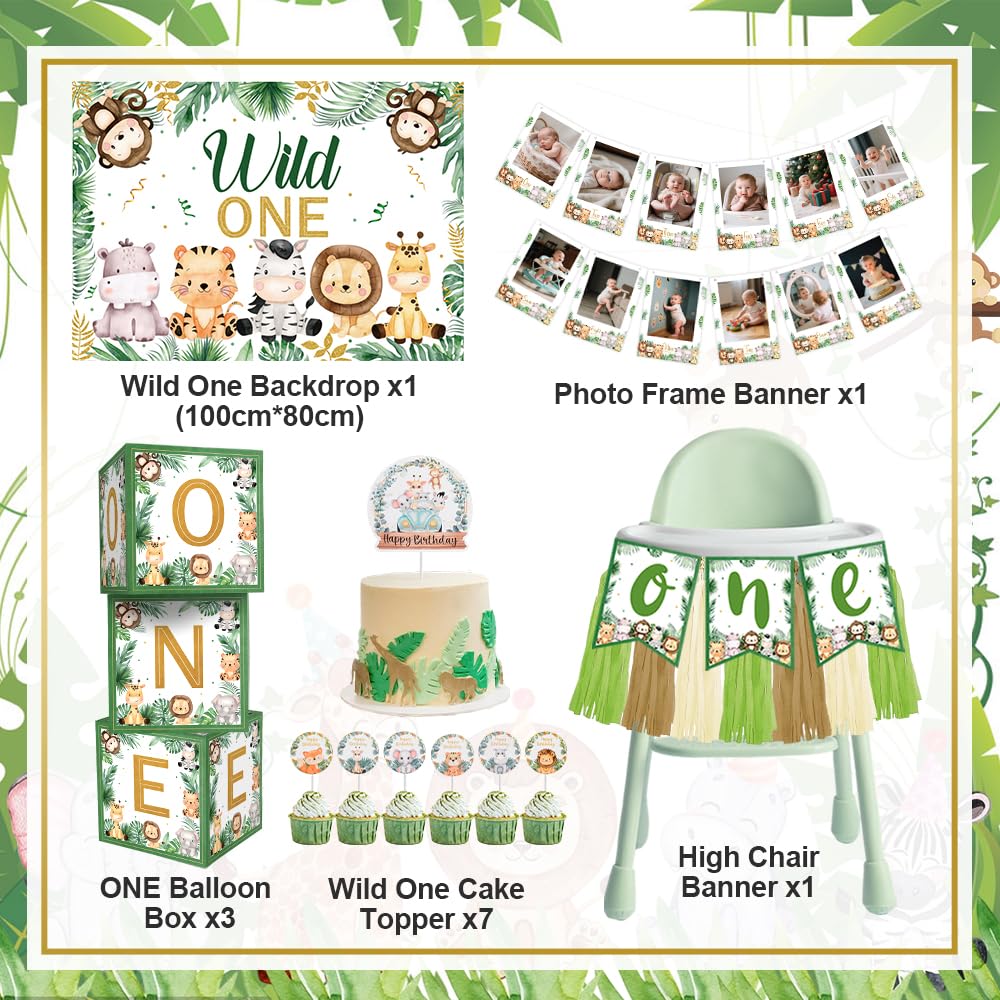 Wild Birthday Decorations, Safari Jungle Theme 1st Birthday Decorations for Boy or Girl, Photo Banner, Balloon Box, Balloons Garland, Foil balloons, High Chair Banner, Wild Backdrop, Cake Topper 🍁 All In One Marketplace Canada