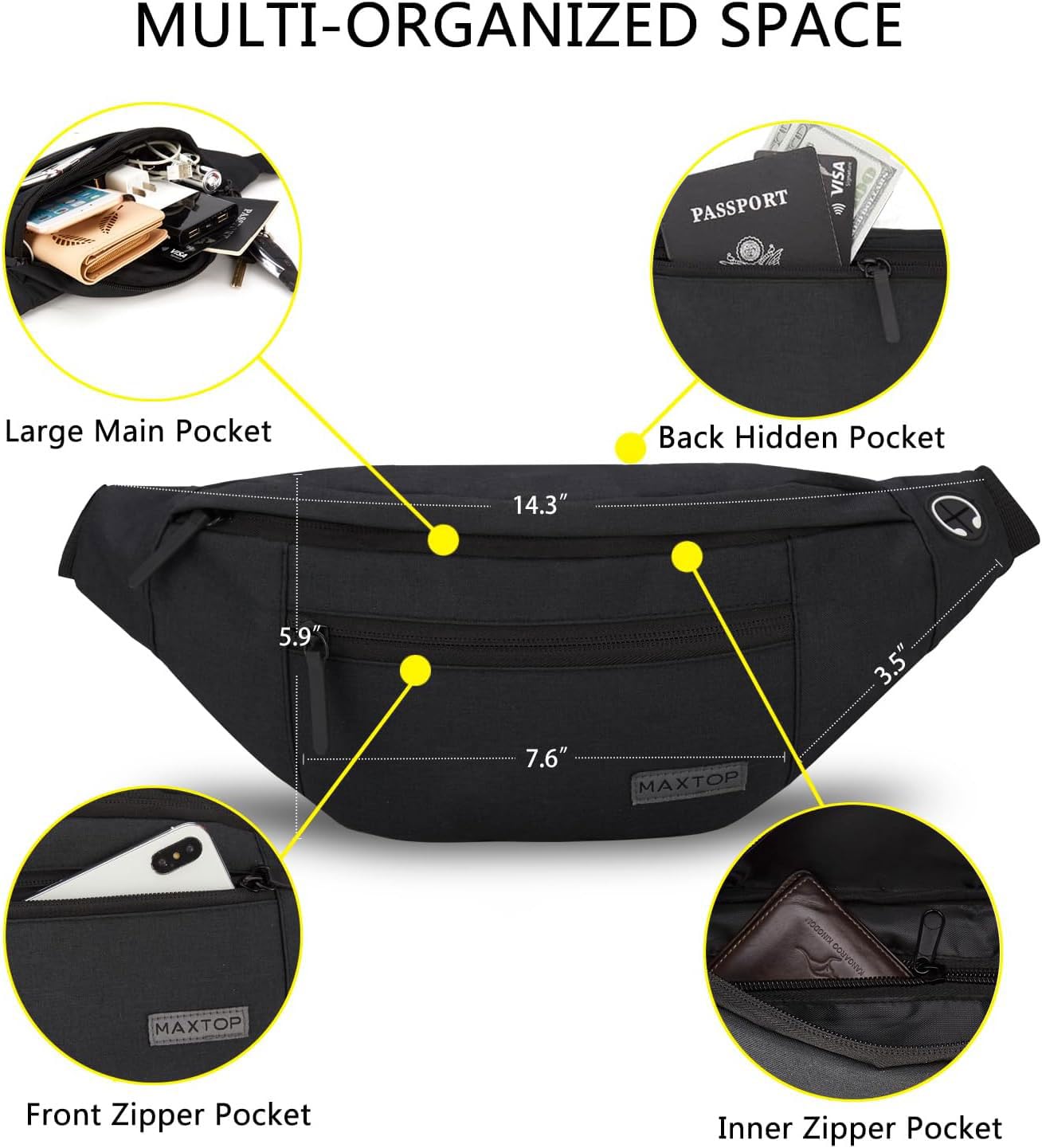 MAXTOP Large Fanny Pack for Women Men with 4-Zipper Pockets Gifts for Enjoy Festival Sports Workout Traveling Running Casual Hands-Free Water-Resistant Sling Waist Pack Bag Carrying of Phones