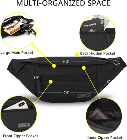 MAXTOP Large Fanny Pack for Women Men with 4-Zipper Pockets Gifts for Enjoy Festival Sports Workout Traveling Running Casual Hands-Free Water-Resistant Sling Waist Pack Bag Carrying of Phones