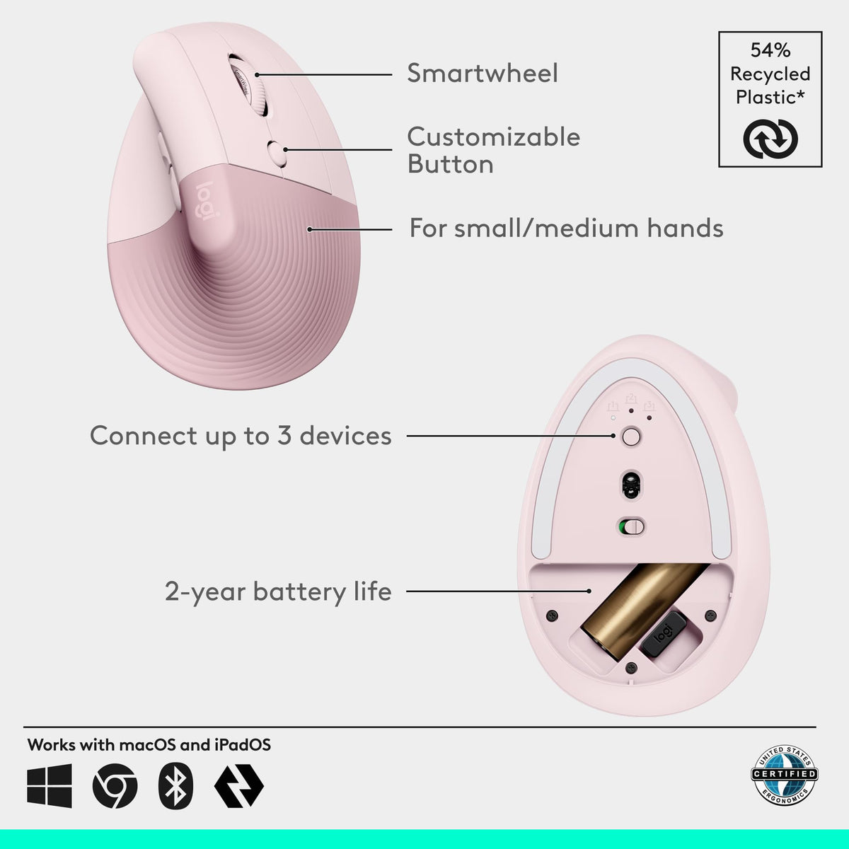 Logitech Lift Vertical Ergonomic Wireless Mouse - Rose