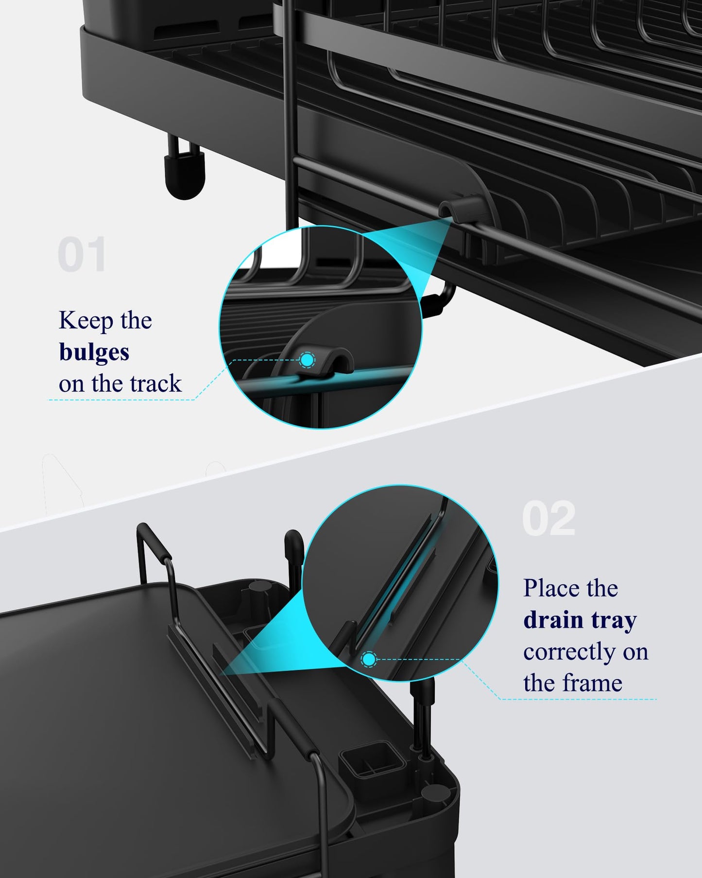 Kitsure Large Dish Drying Rack - Extendable Stainless Steel, Anti-Rust Kitchen Counter Rack with Cutlery & Cup Holders, 67.8 x 32.8 x 15.0cm, Black - Available at All In One Marketplace Canada
