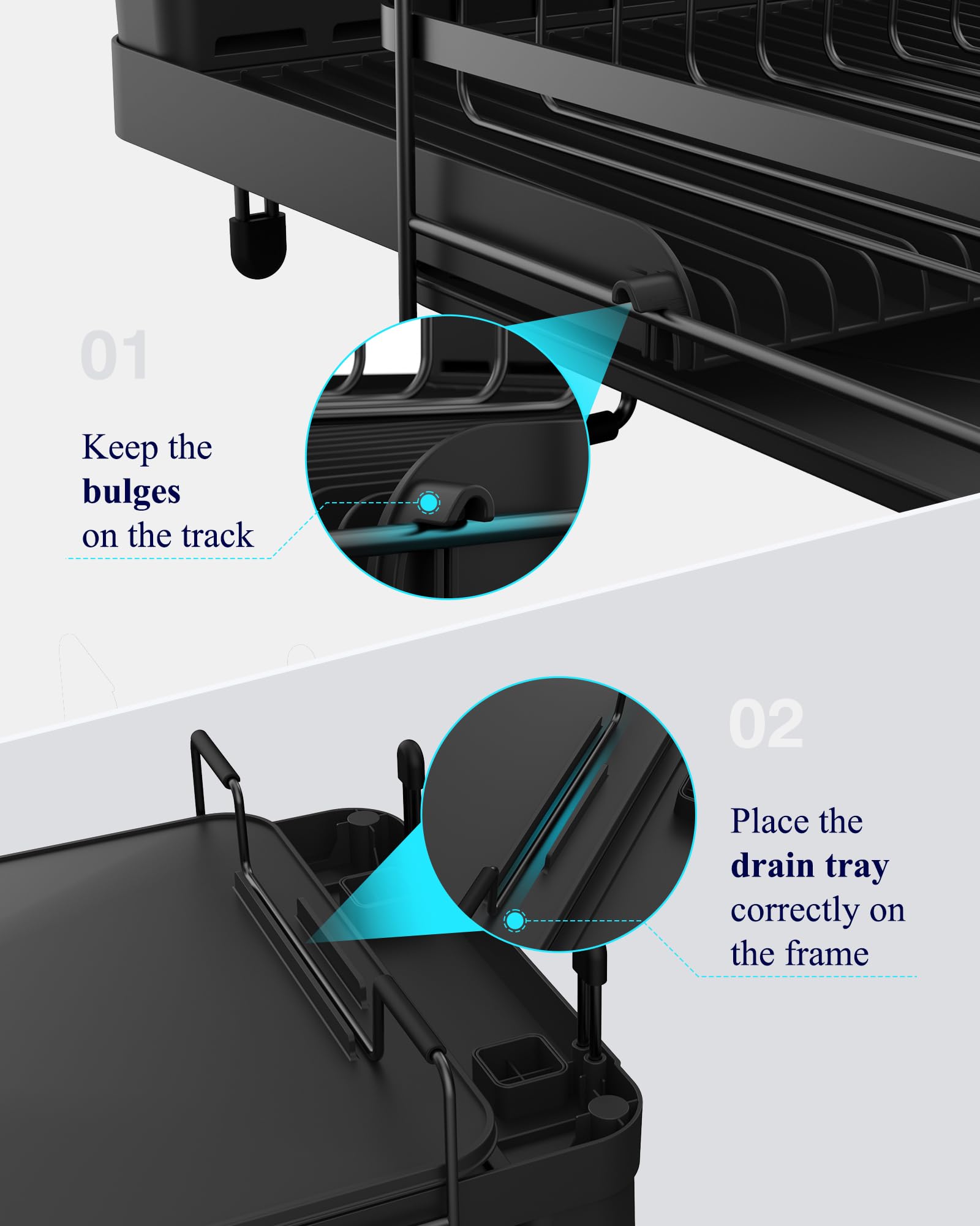 Kitsure Large Dish Drying Rack - Extendable Stainless Steel, Anti-Rust Kitchen Counter Rack with Cutlery & Cup Holders, 67.8 x 32.8 x 15.0cm, Black - Available at All In One Marketplace Canada