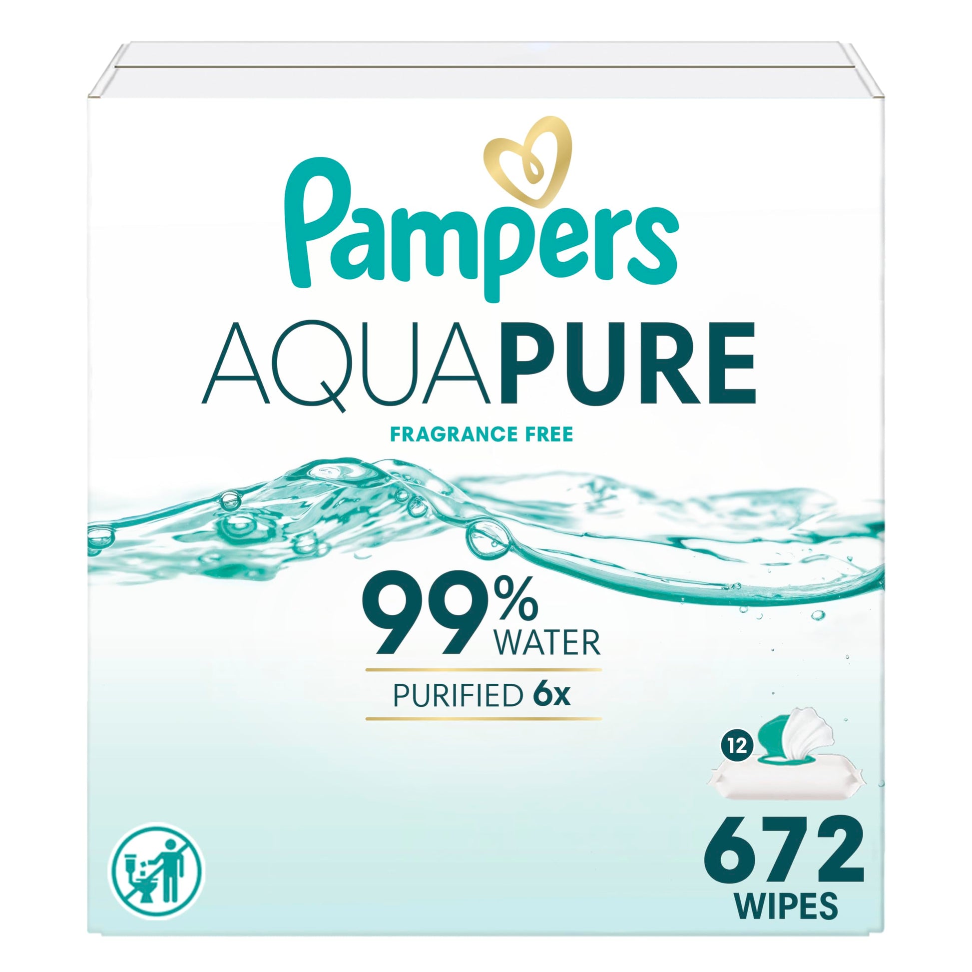 Pampers Aqua Pure Baby Wipes, 99% Water, Fragrance Free, 672 Baby Wipes Total (12X Flip-Top Packs)