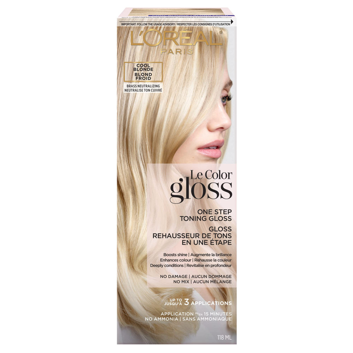 L'Oreal Paris Le Color Gloss One Step Toning Hair Gloss Treatment, Cool Blonde, Enhance Your Shine with this Semi Permanent Hair color, 1 Kit