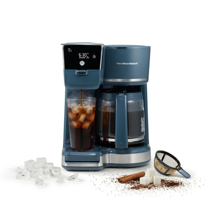Hamilton Beach 2-Way Programmable Iced/Hot Coffee Maker, Single-Serve and 12 Cup Glass Carafe, LED Screen, Kitchen Makeover Blue, 47502J