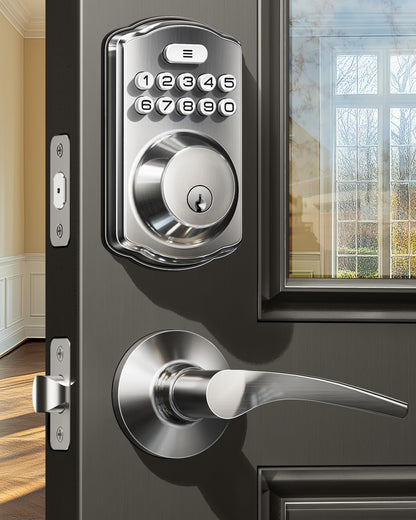 Veise Keyless Entry Door Lock with 2 Lever Handles - Electronic Keypad Deadbolt, Easy Installation Digital Smart Front Door Lock Set, Satin Nickel Veise