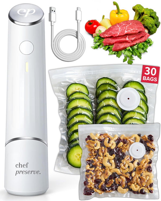 Chef Preserve Compact Vacuum Sealer for Food (Vacuum Sealer Machine + 30 Reusable Vacuum Bags) Powerful Handheld Vacuum Sealer Machine, Seal Meal Saver, Portable Food Sealer - Available at All In One Marketplace Canada