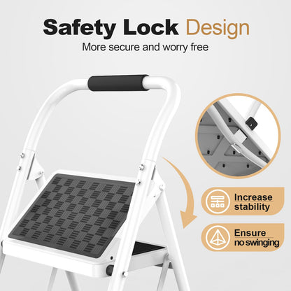 HBTower 2 Step Ladder, 2 Step Stool for Adults, Folding Step Stool with Cushioned Handle, 330 lbs/150 kg Capacity, Step Ladder with Wide Anti-Slip Pedal Ergonomic Design White