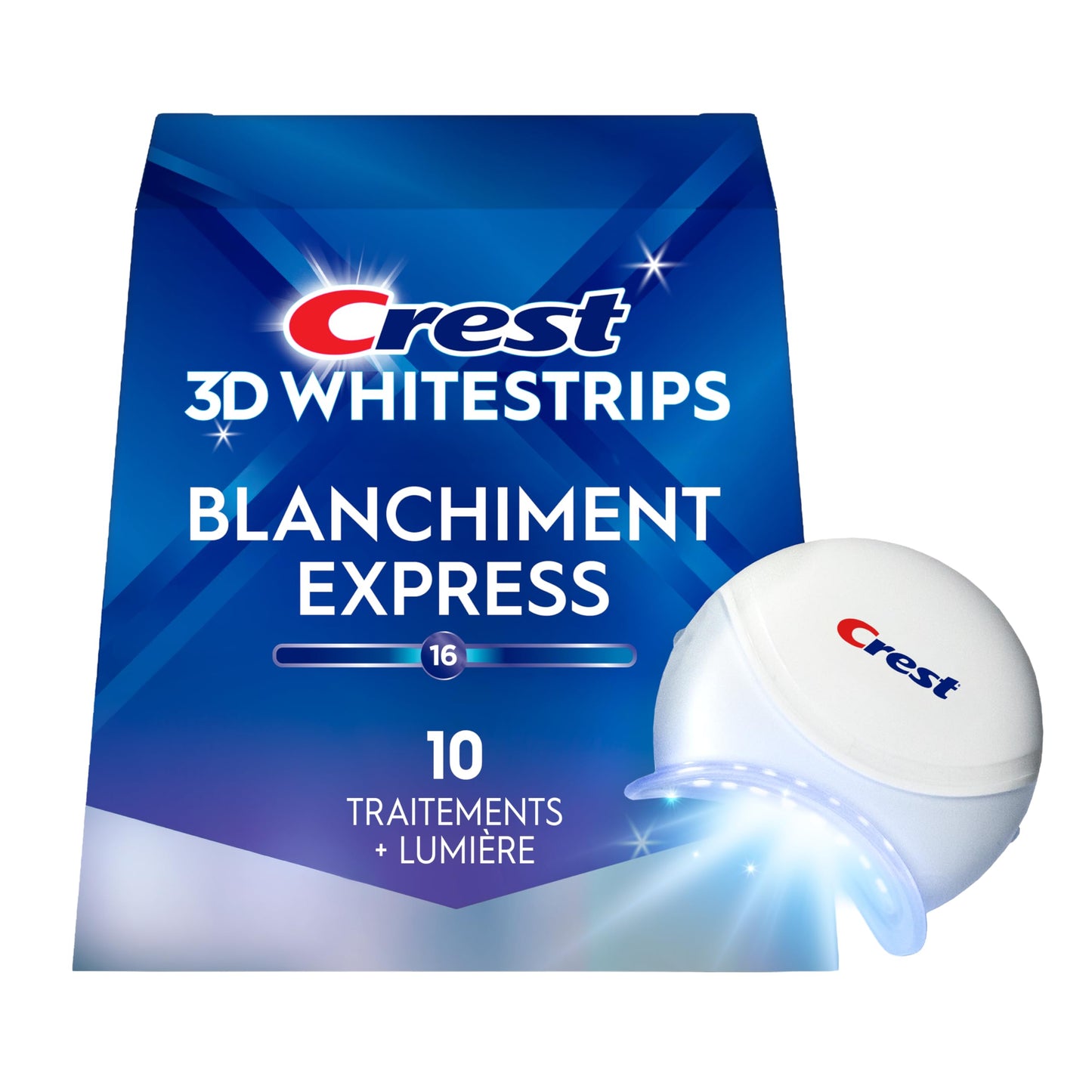 Crest 3D Whitestrips Express Whitening + Whitening Light At-home Teeth Whitening Kit, 10 Treatments + Light, 16 Levels Whiter - Available at All In One Marketplace Canada