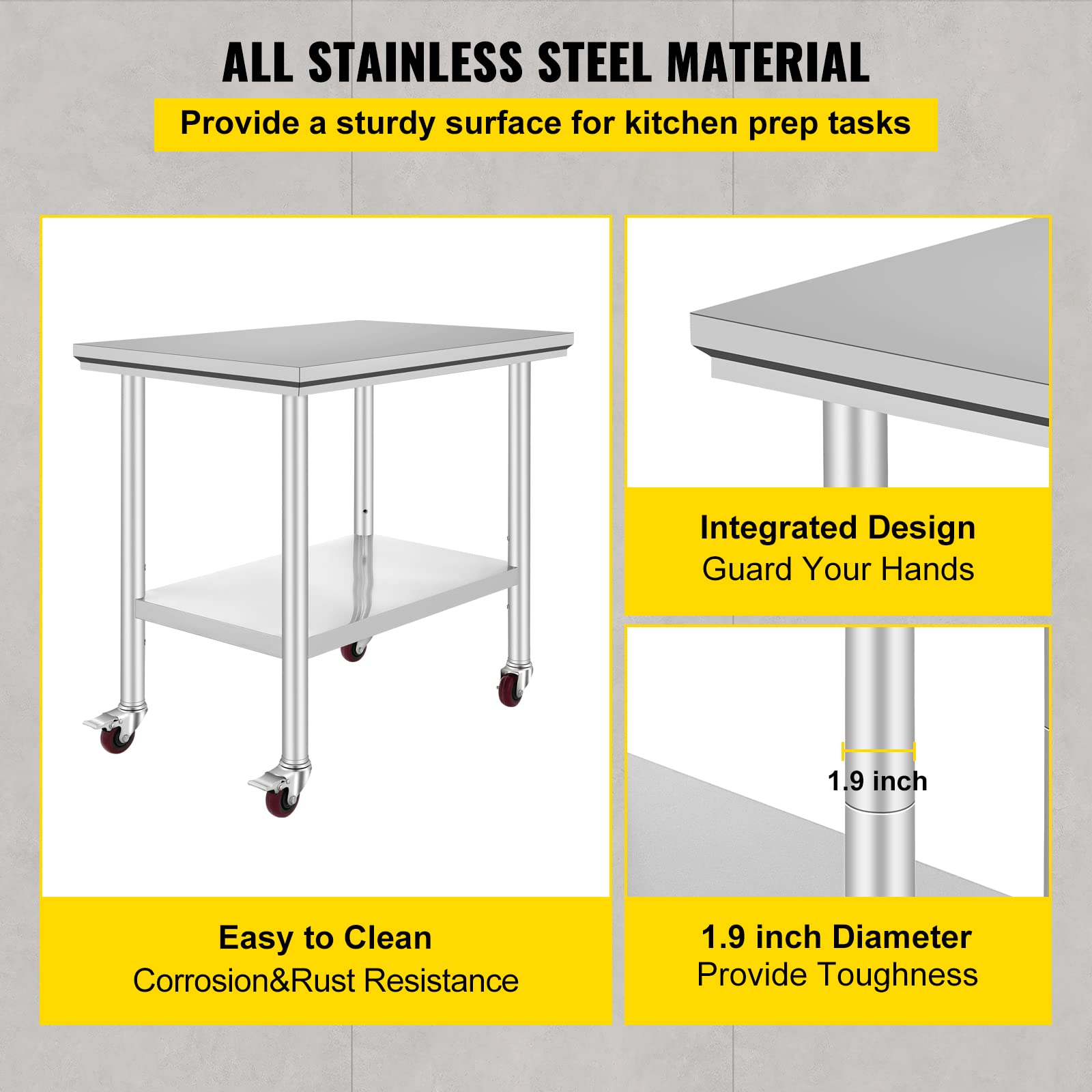 VEVOR 36x24x33.5 inch Stainless Steel Work Table with Wheels Prep Table with casters Heavy Duty Work Table for Commercial Kitchen Restaurant Business Garage 350 lb Capacity VEVOR