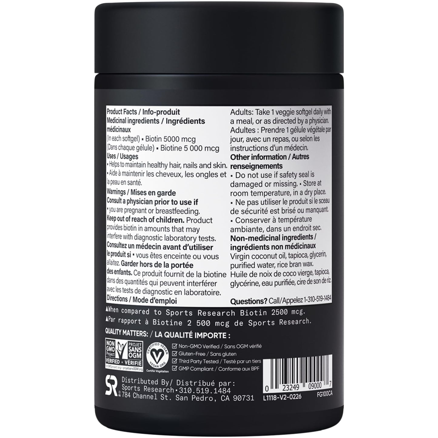 Sports Research® Extra Strength Vegan Biotin 5,000mcg with Organic Coconut Oil - Helps to Maintain Healthy Hair, Nails and Skin - Great for Women & Men - 120 Veggie Softgels - Available at All In One Marketplace Canada