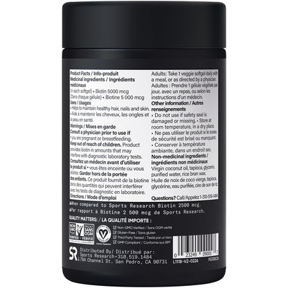 Sports Research® Extra Strength Vegan Biotin 5,000mcg with Organic Coconut Oil - Helps to Maintain Healthy Hair, Nails and Skin - Great for Women & Men - 120 Veggie Softgels - Available at All In One Marketplace Canada