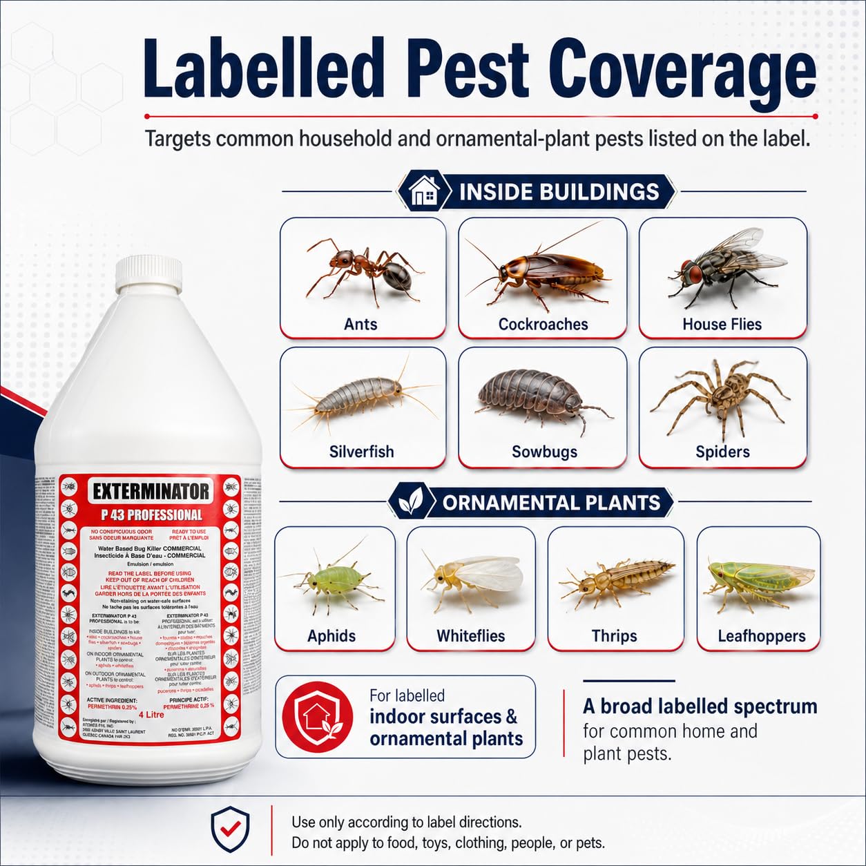 Exterminator P 43 Professional | Insect Killer Spray | Water-Based, Odor-Free Formula | 4L | Kills Ants, Cockroaches, Ticks, House Flies, Spiders | Indoor & Outdoor Use | Permethrin 0.25% - Available at All In One Marketplace Canada